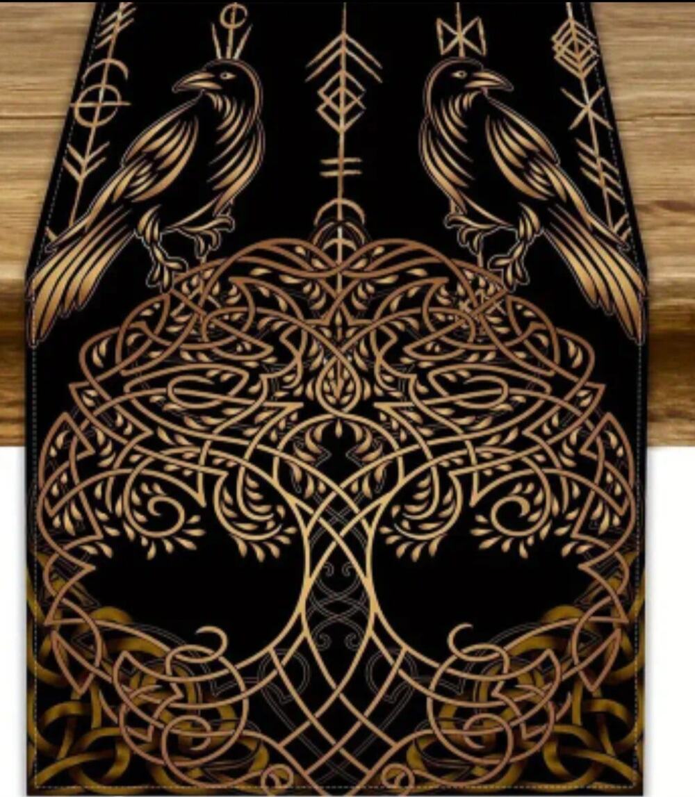 Viking Raven Table Runner 13"x72" Tree of Life Vegvisir Compass Huggin Muninn